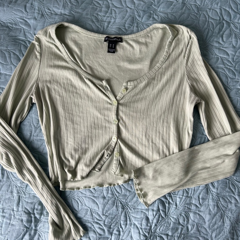 Essentials Light Green Ribbed Crop Blouse